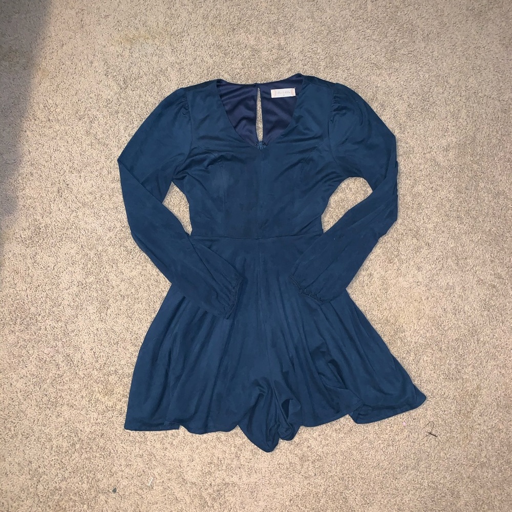long sleeved blue velvet romper